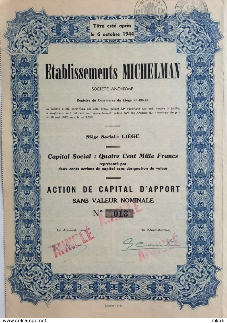 Etablissements Michelman - Liège - 1947 - Action De Capital D'apport - Autres & Non Classés