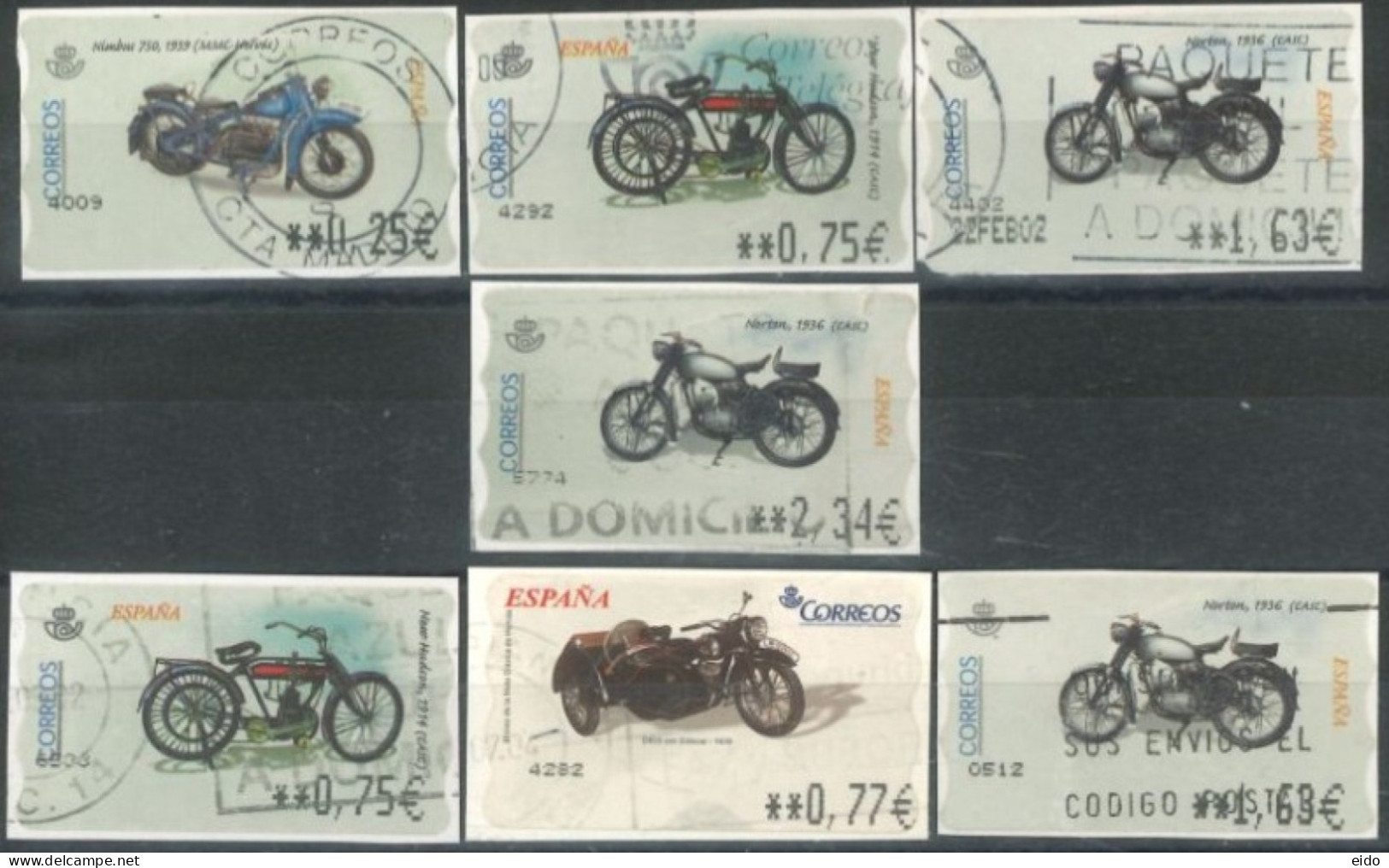 SPAIN- 2002/04, VANTIGE MOTORCYCLES & BICYCLES STAMPS LABELS SEY OF 7, DIFFERENT VALUES, USED. - Gebraucht