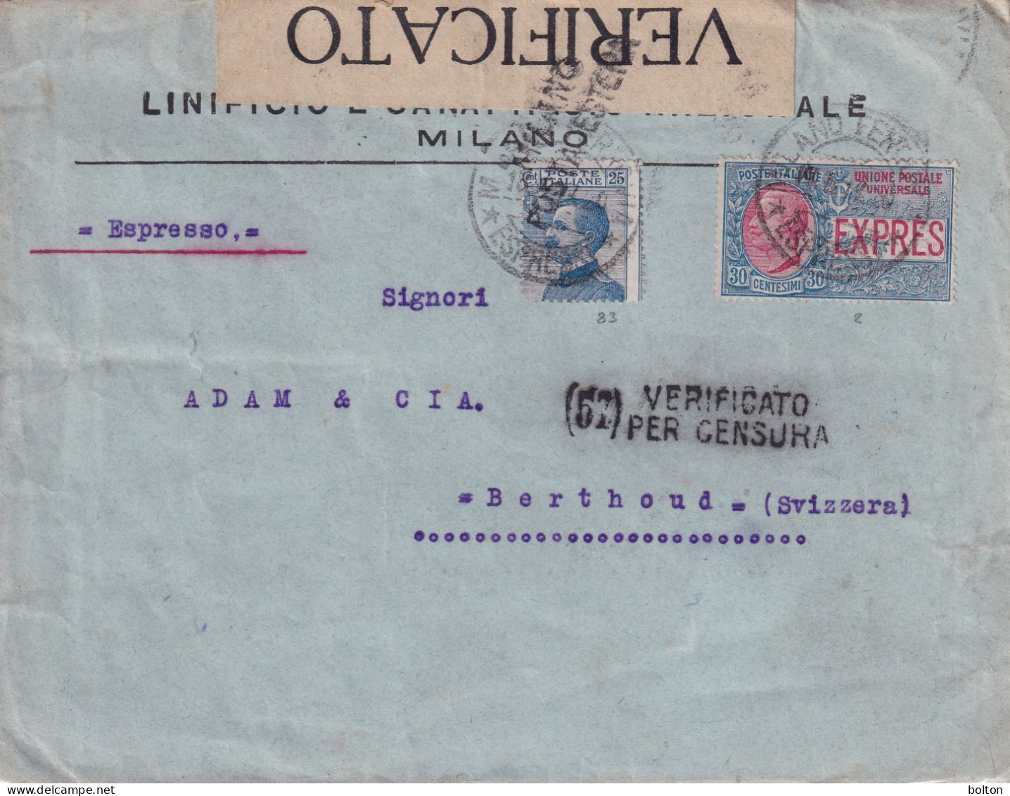 1917 Busta Espresso Da Milano Per La Svizzera Verificata Per Censura Espresso Da 30c - Storia Postale
