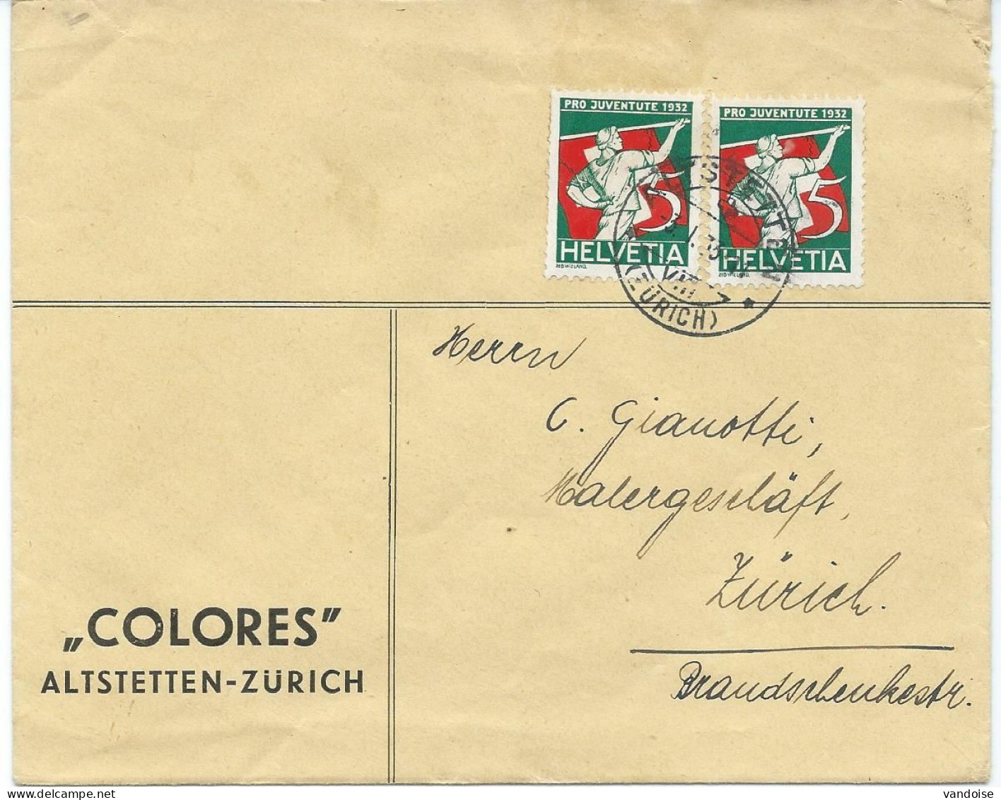 LETTRE AVEC 2 TIMBRES PRO JUVENTUTE 1932 LANCER DU DRAPEAU - Brieven En Documenten