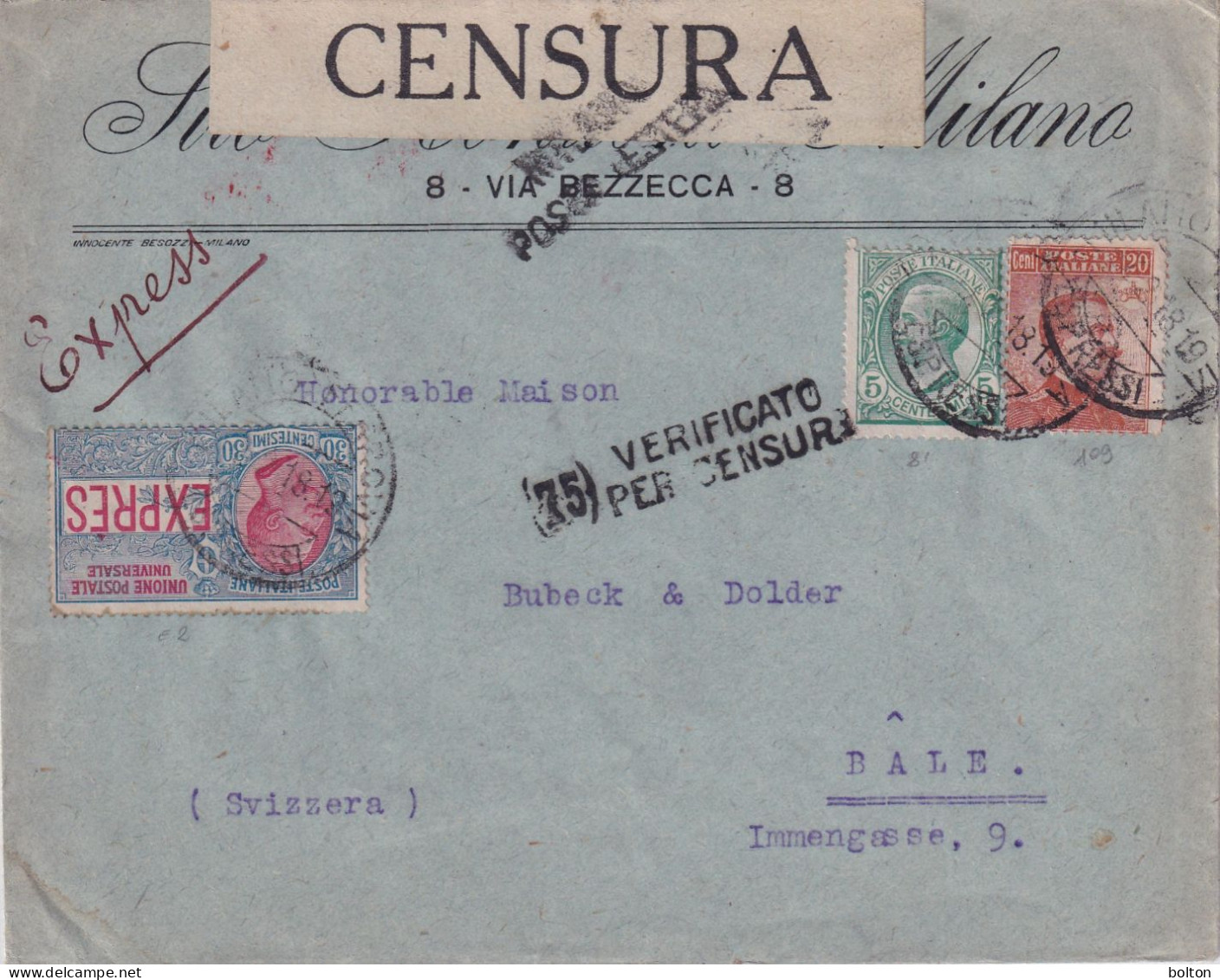 1917 Busta Espresso Da Milano Per La Svizzera Verificata Per Censura Espresso Da 30c - Marcophilie