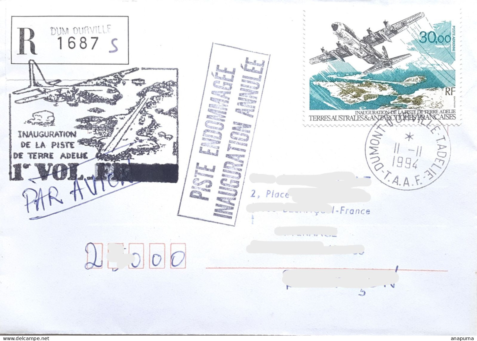 Pli RECOMMANDE Terre Adélie, Piste Endommagée, Inauguration Annulée, Vol, EPF Missions PEV - Storia Postale