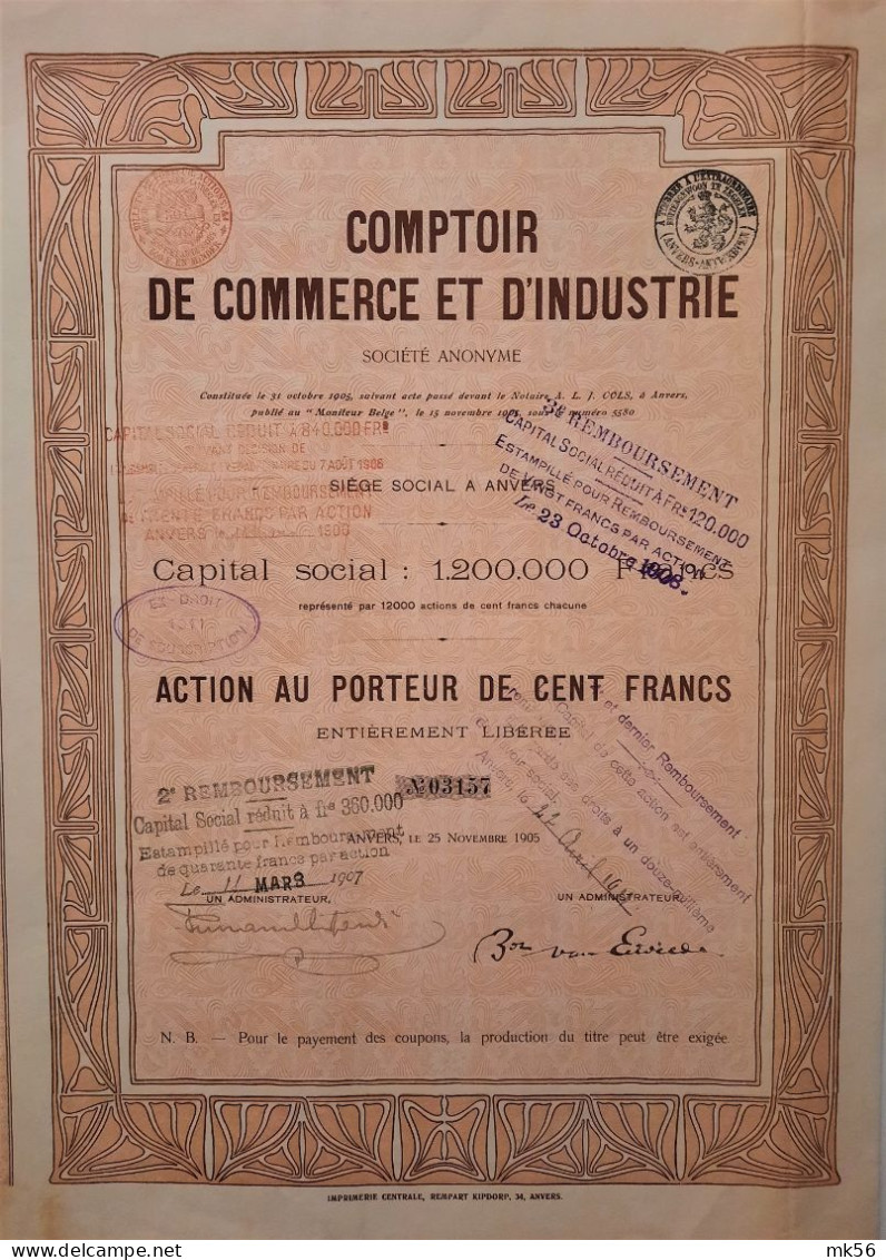 Comptoir De Commerce Et D'Industrie-act.au Porteur De100fr. - Anvers - 1905 - Industrial