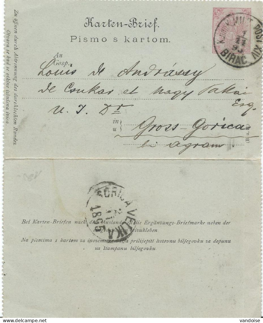 CARTE-LETTRE 1895 AVEC CACHET BIHAC K. UND K. MILIT. POST XIV - Bosnië En Herzegovina