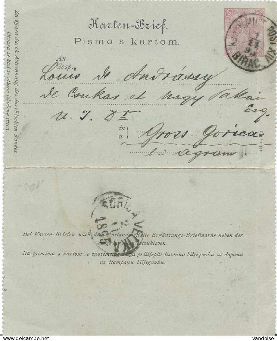 CARTE-LETTRE 1895 AVEC CACHET BIHAC K. UND K. MILIT. POST XIV - Bosnia And Herzegovina