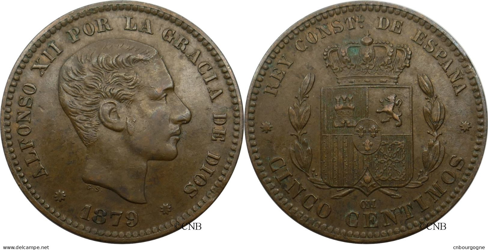 Espagne - Royaume - Alphonse XII - 5 Centimos 1879 OM Très Léger Clip - TTB+/AU50 - Mon5788 - Erstausgaben