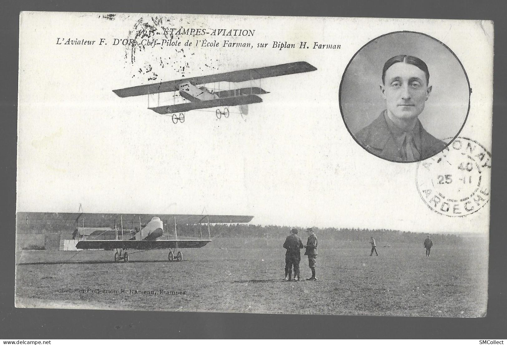 Etampes Aviation. L'aviateur F. D'Or, Chef Pilote De L'école Farman, Sur Biplan H. Farman + Cachet Militaire (13513) - Etampes