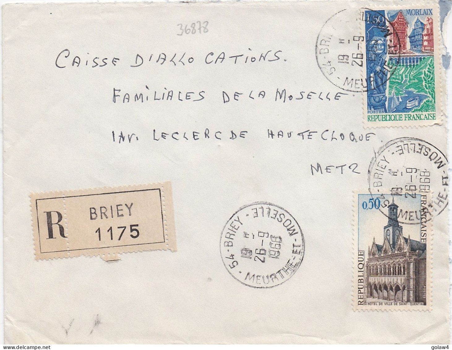 36878# LETTRE FRANCHISE POSTALE RECOMMANDE Obl 54 BRIEY MEURTHE ET MOSELLE 1968 METZ MOSELLE - 1961-....