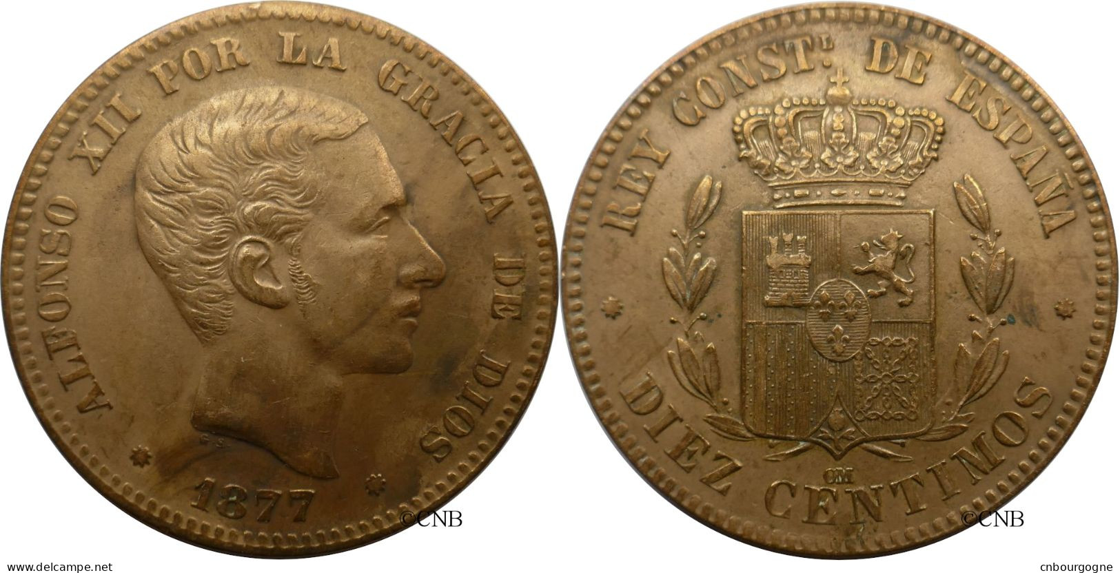 Espagne - Royaume - Alphonse XII - 10 Centimos 1877 OM - TTB+/AU50 Nettoyée - Mon5351 - Premières Frappes