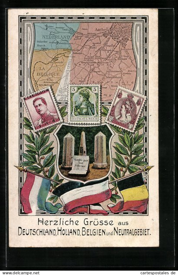 AK Grenze Zwischen Deutschland, Belgien Und Holland, Briefmarken  - Timbres (représentations)