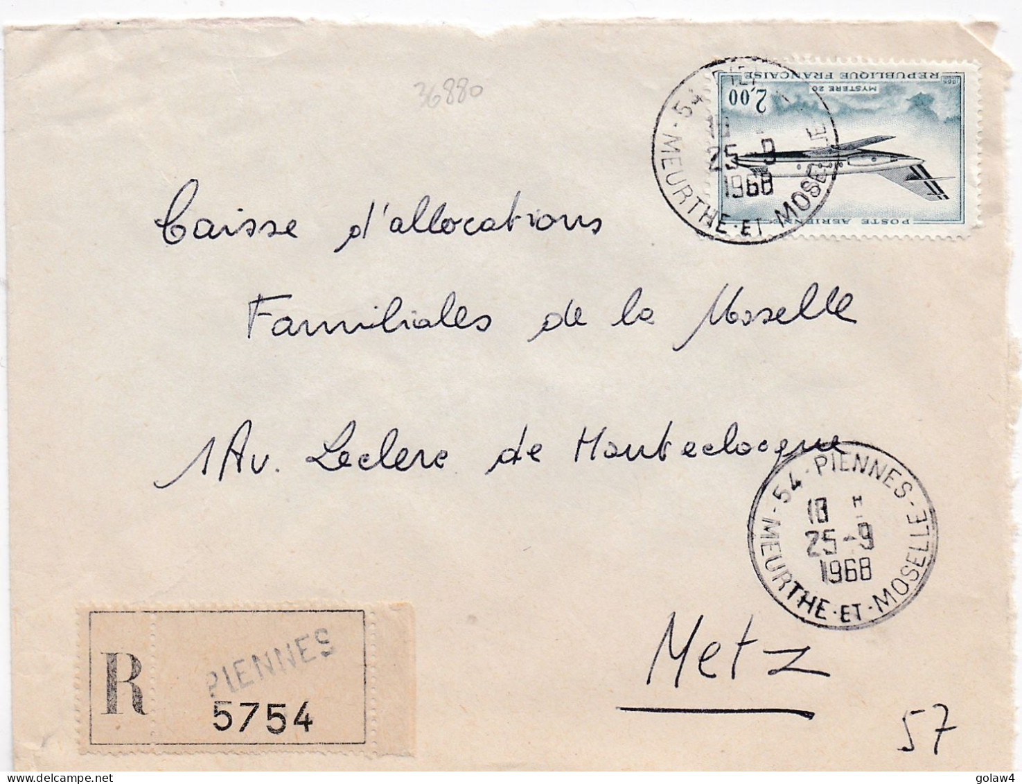 36880# LETTRE FRANCHISE POSTALE RECOMMANDE Obl 54 PIENNES MEURTHE ET MOSELLE 1968 METZ MOSELLE - 1961-....