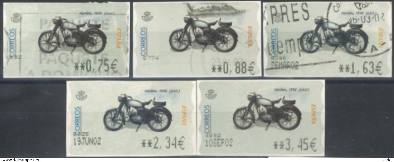 SPAIN- 2002, VANTIGE MOTORCYCLES STAMPS LABELS SEY OF 5, DIFFERENT VALUES, USED. - Usati