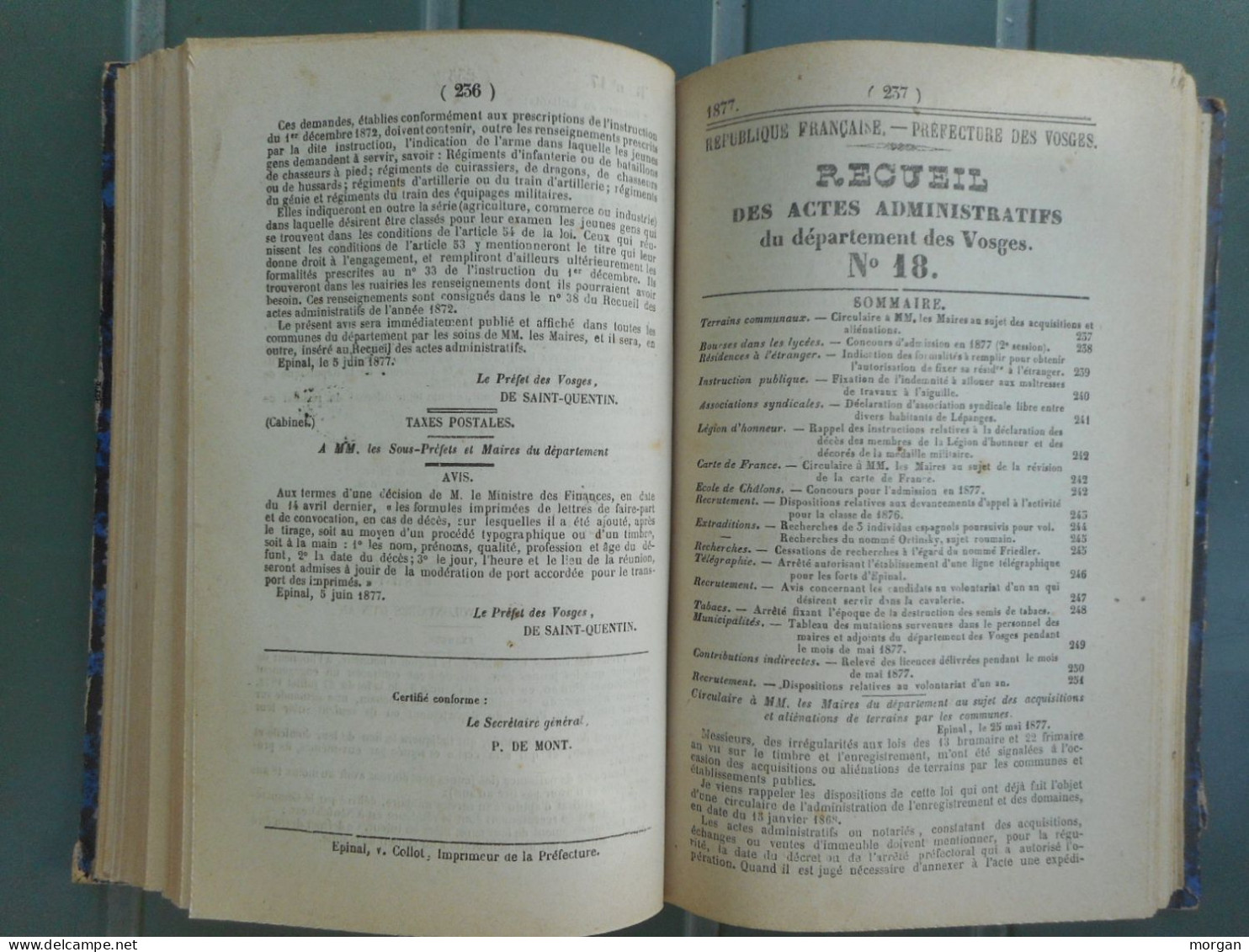 LORRAINE - VOSGES, 1877 - RECUEIL DES ACTES ADMINISTRATIFS DU DEPARTEMENT DES VOSGES ANNEE 1877