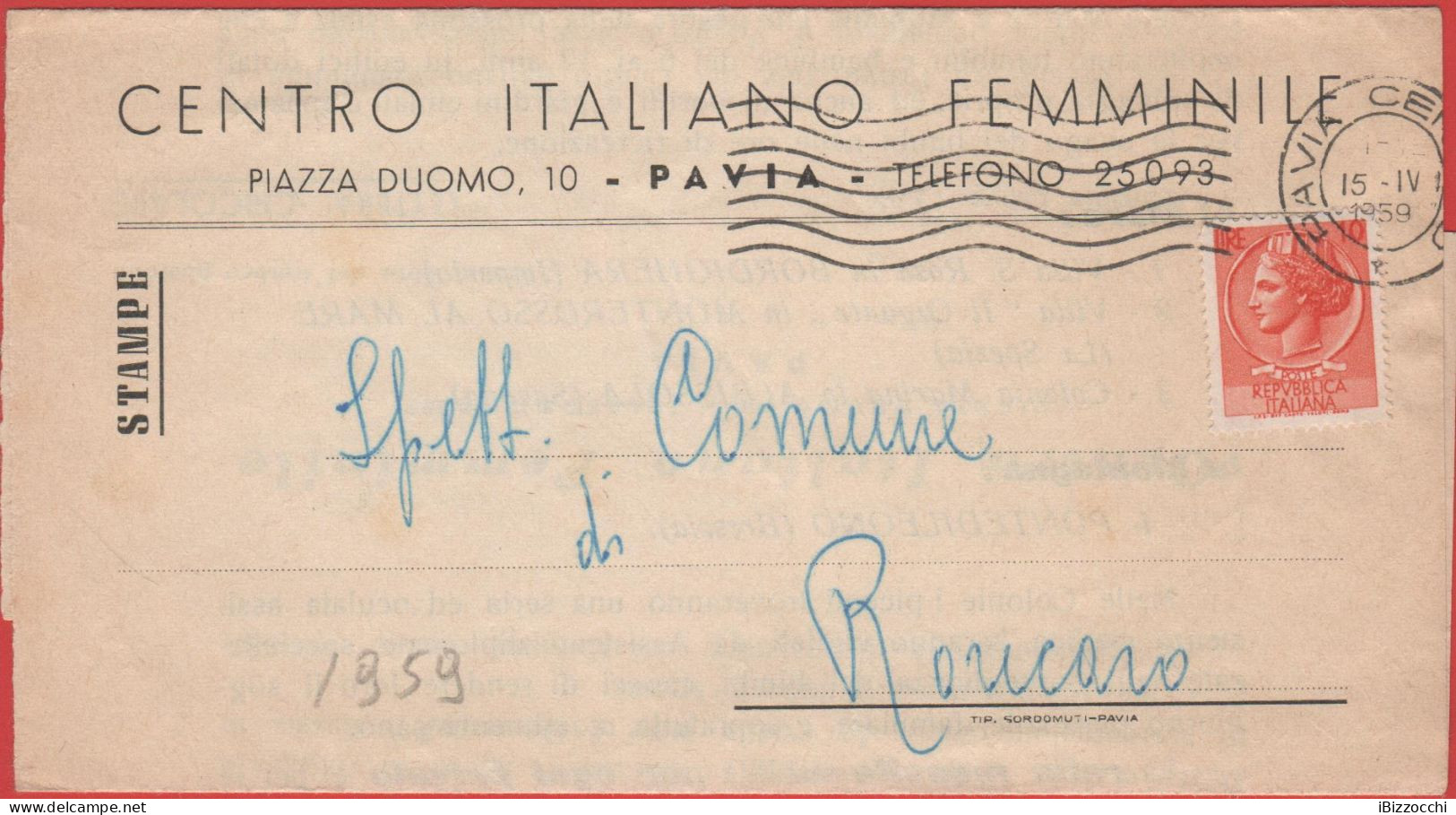 ITALIA - Storia Postale Repubblica - 1959 - 10 Antica Moneta Siracusana (isolato) - STAMPE - Centro Italiano Femminile - - 1946-60: Marcofilia