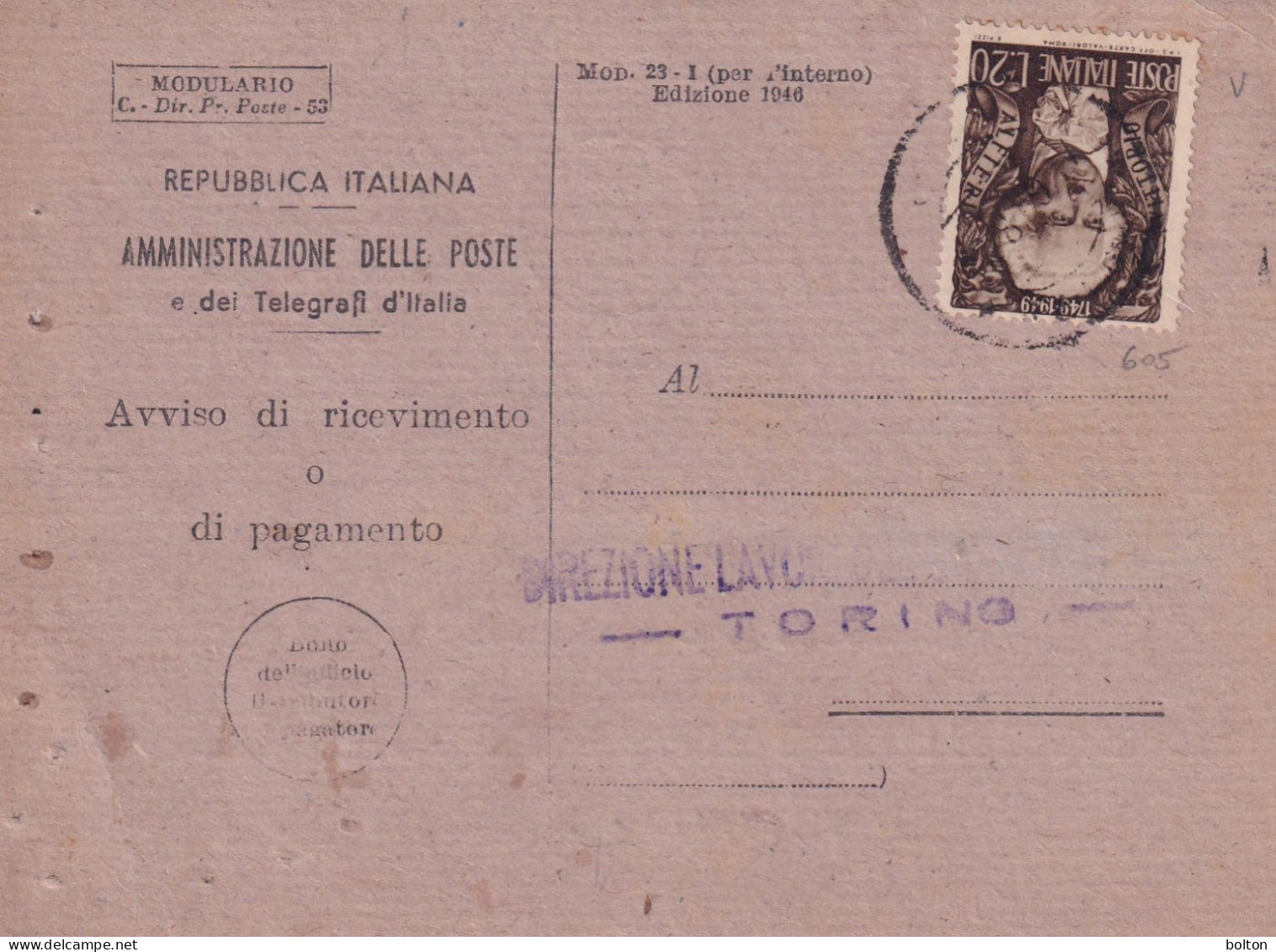 1949 Avviso Di Ricevimento Affrancato Con 20lire VITTORIO ALFIERI - Storia Postale