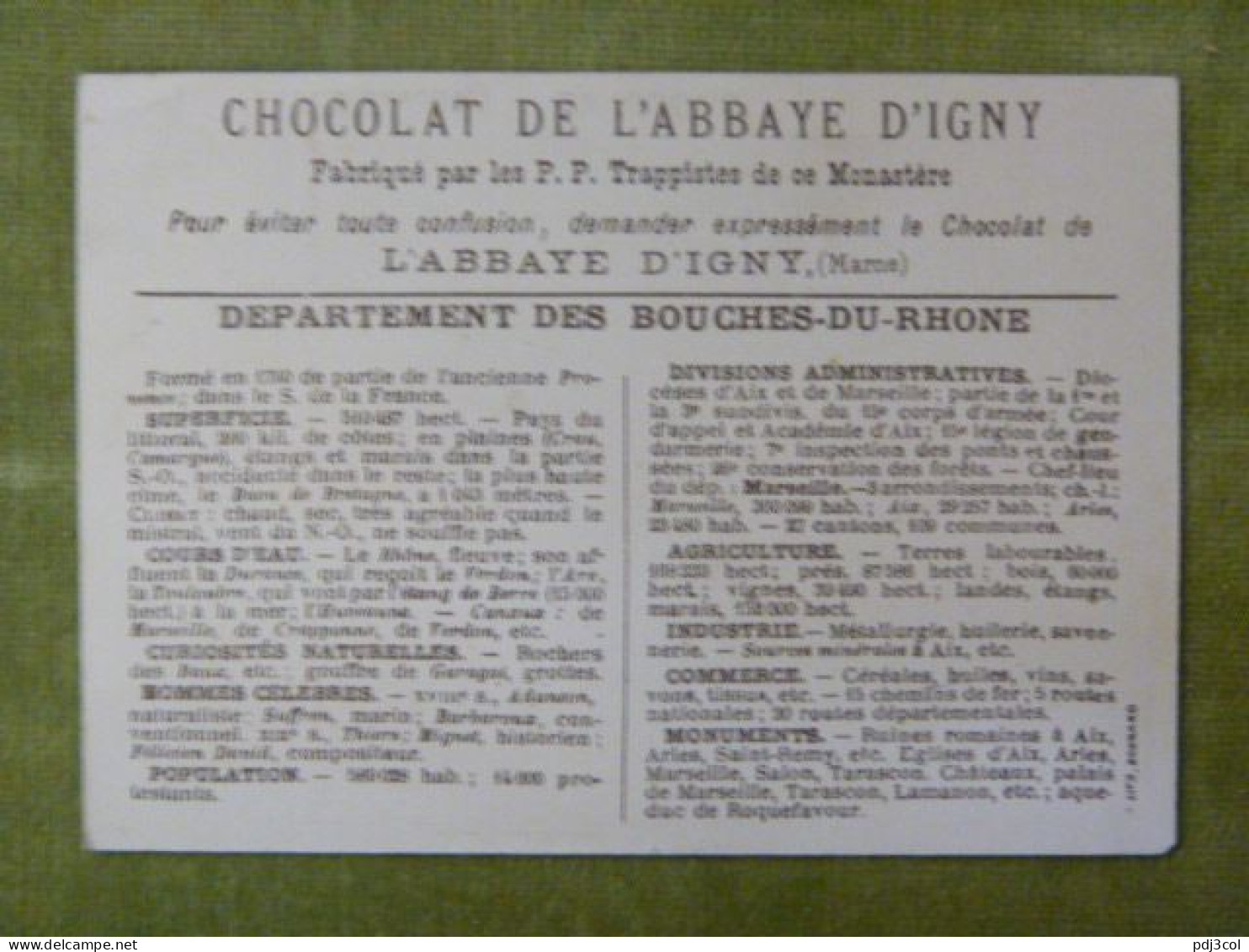 Lot de 4 chromos - Départements - Bouches du Rhône, Gironde, Haute Loire, Seine - Pub chocolat de l'abbaye d'Igny