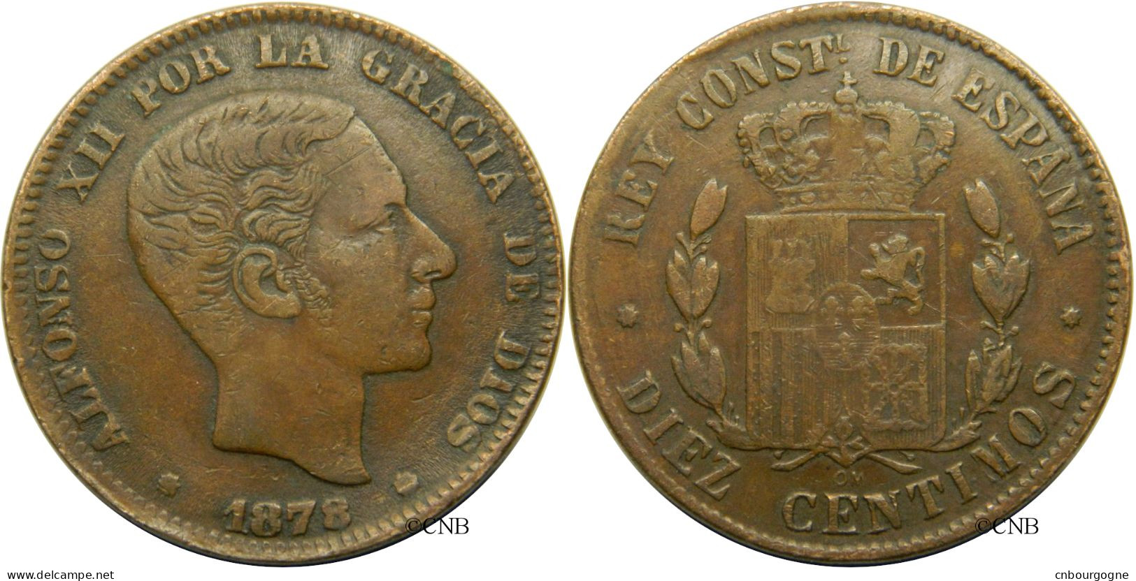 Espagne - Royaume - Alphonse XII - 10 Centimos 1878 OM Faux D'époque - TTB/XF40 Légèrement Tordue - Mon4475 - First Minting