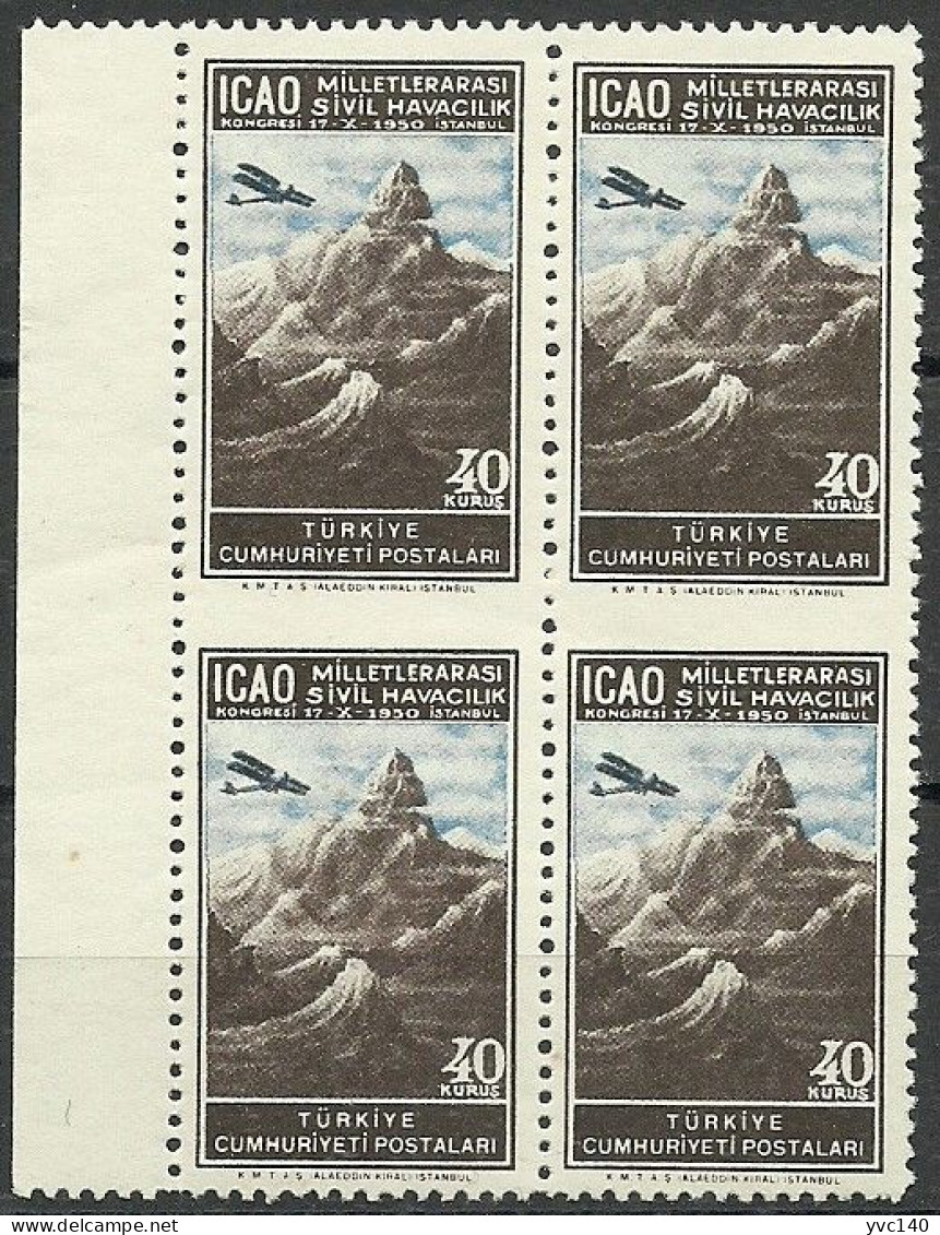 Turkey; 1950 ICAO Regional Congress 40 K. ERROR "Partially Imperf." (Block Of 4) - Unused Stamps