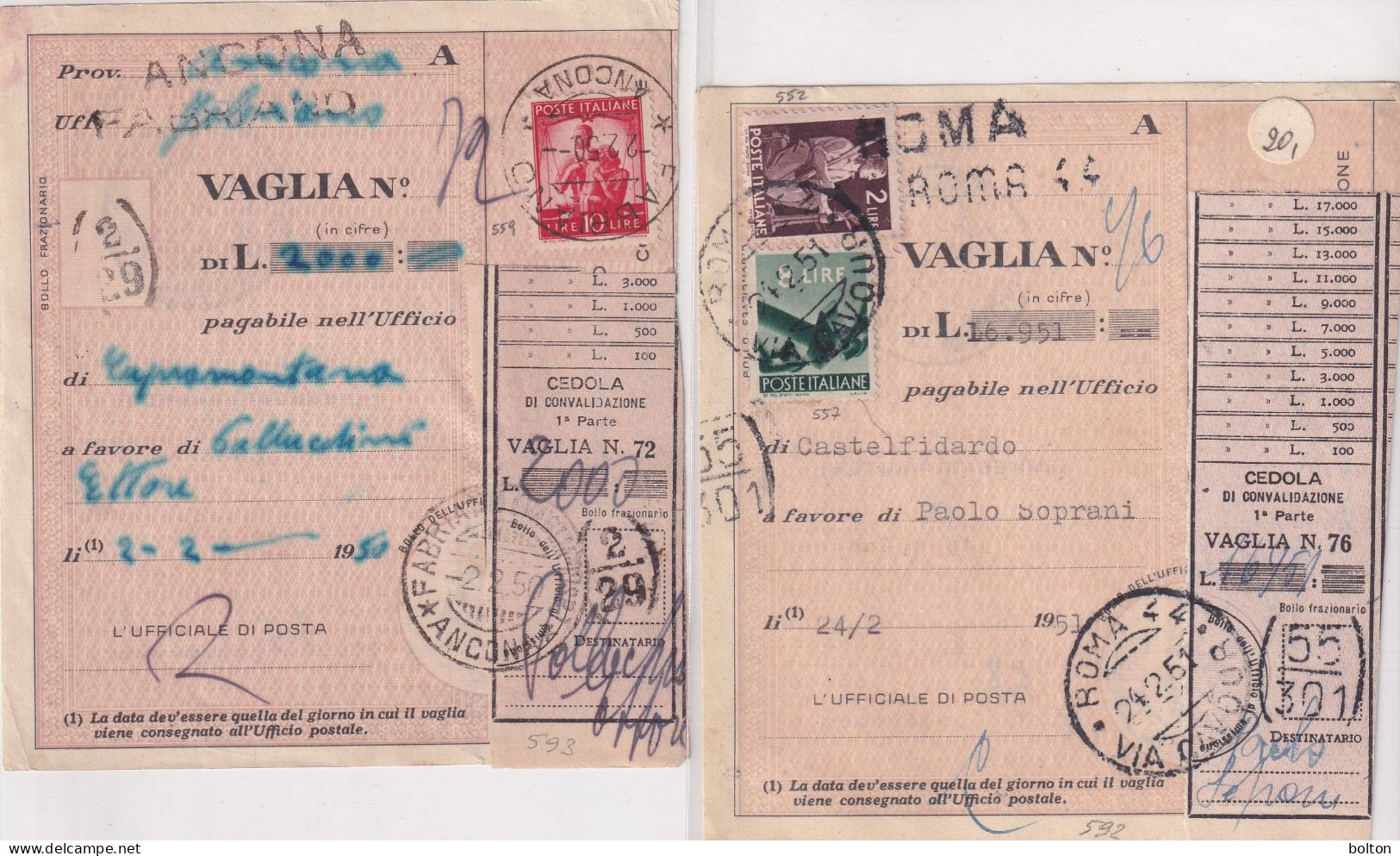 1950 N. 2 Ricevute Vaglia - Marcophilia