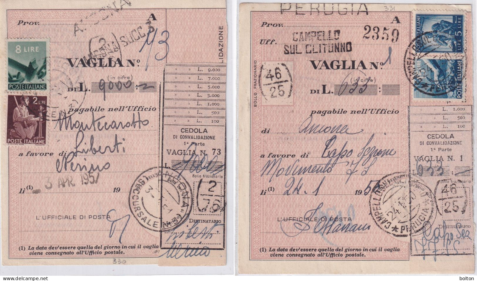 1950 N. 2 Ricevute Vaglia - Storia Postale