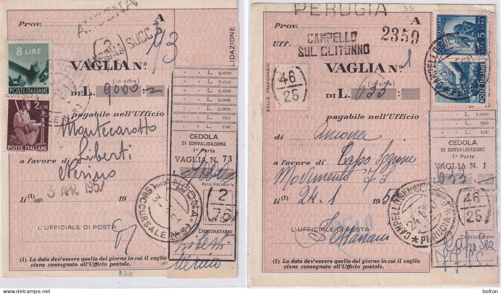 1950 N. 2 Ricevute Vaglia - Poststempel
