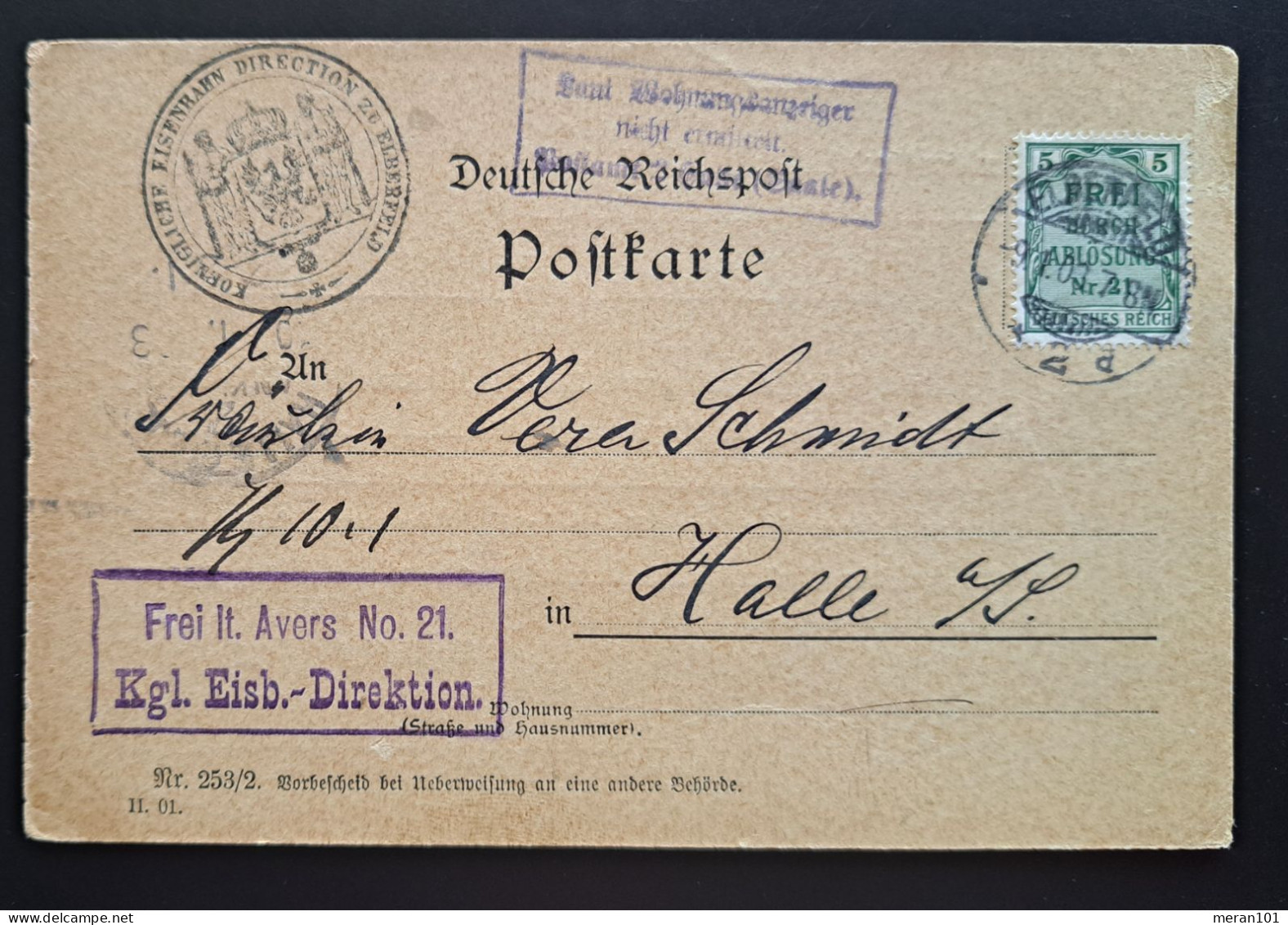 Dienst 1903, Eisenbahn Direktion Postkarte Mi 3 Elberfeld 9.1. Sehr Frühes Datum - Oficial