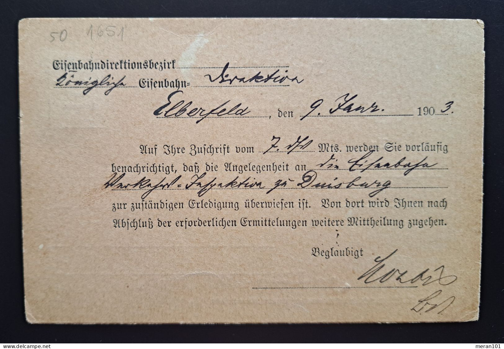 Dienst 1903, Eisenbahn Direktion Postkarte Mi 3 Elberfeld 9.1. Sehr Frühes Datum - Oficial