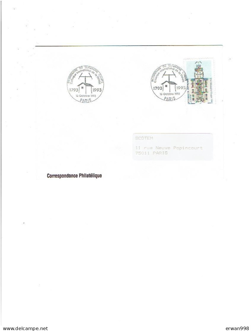 75 PARIS BT 13/10/1993 Bicentenaire Télégraphe CHAPPE - Télécommunications 1180 - Commemorative Postmarks