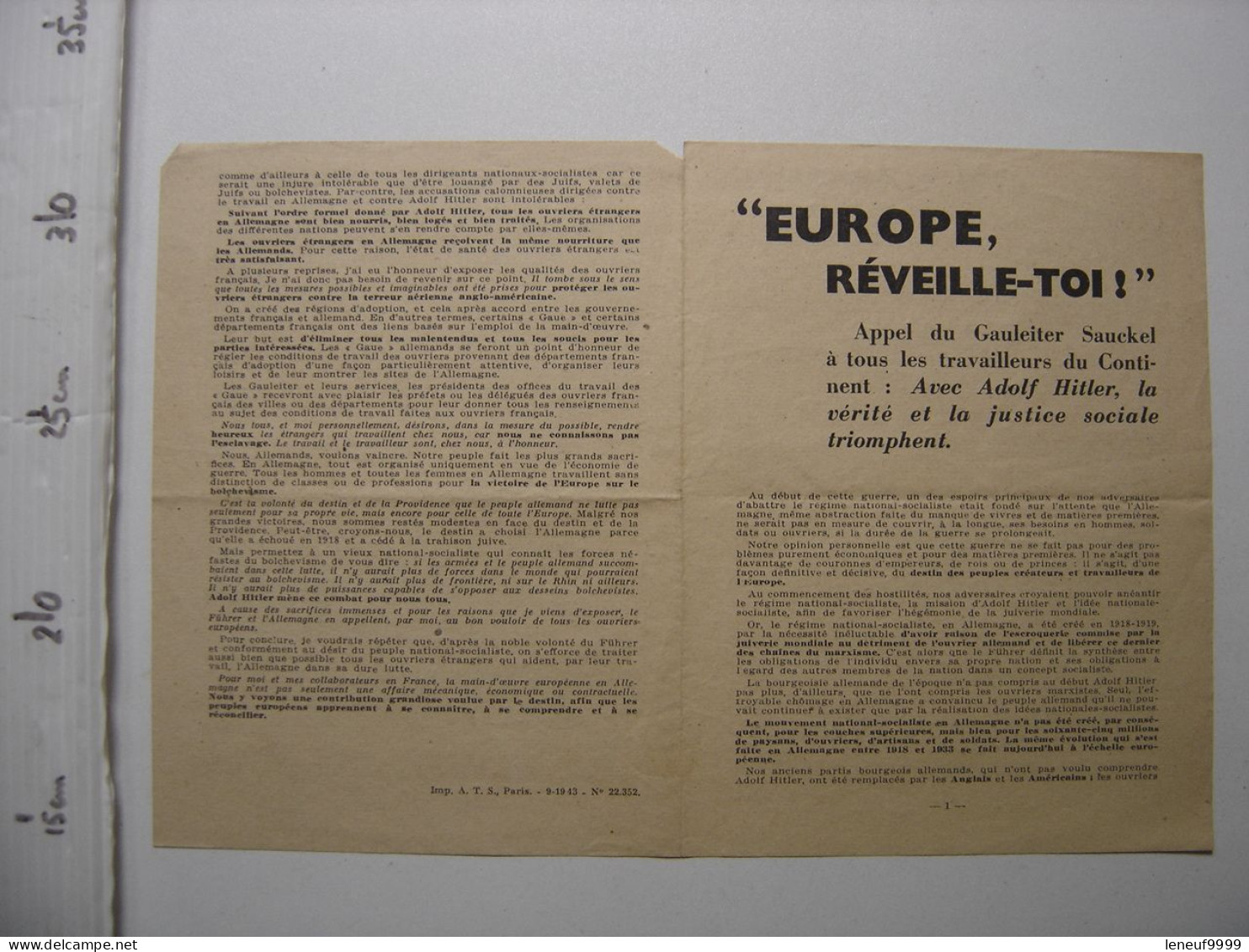 WW2 Flugblatt Tract Propagande Guerre Propaganda Leaflet WWII Europe Reveil 1943 - 1939-45