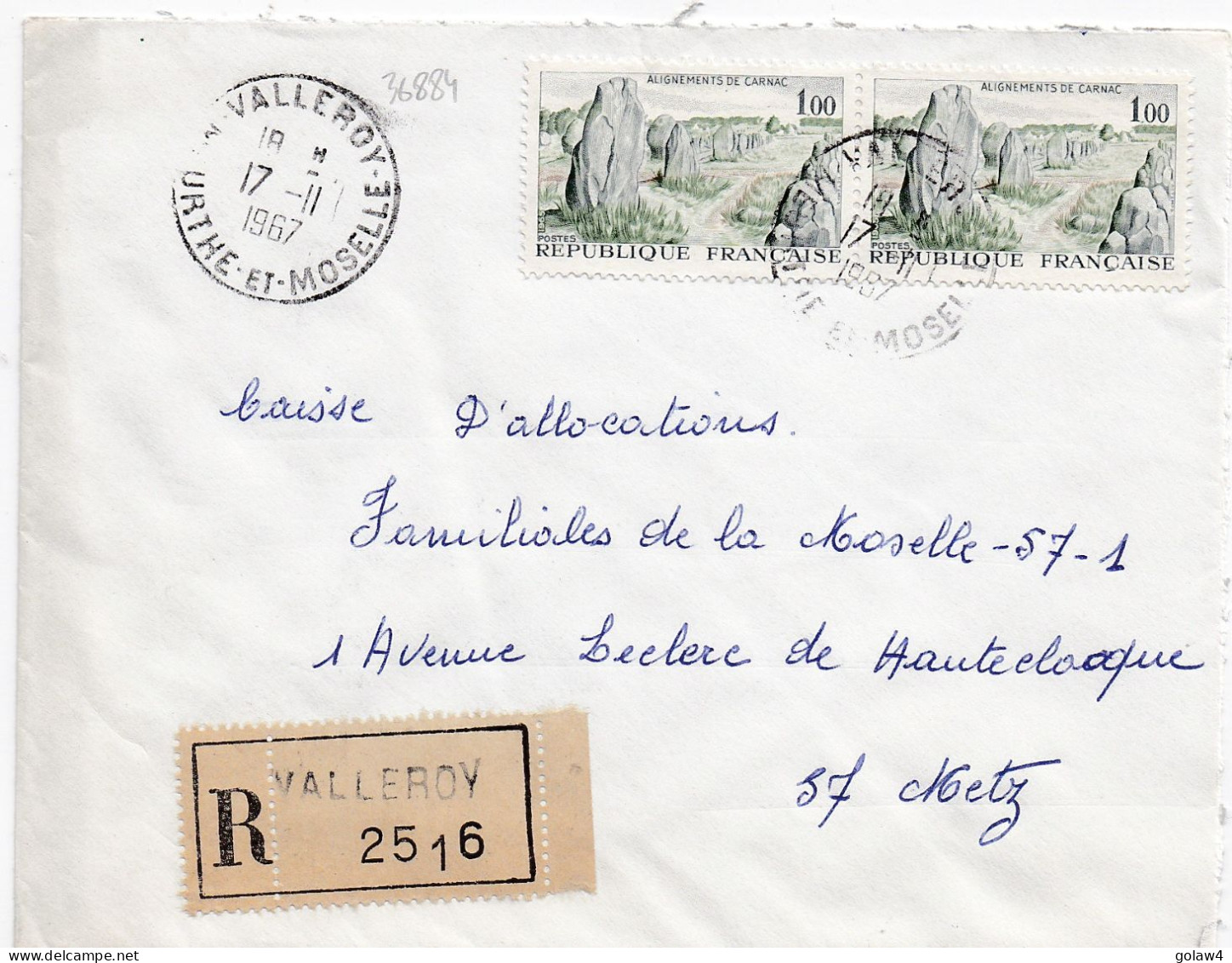 36884# LETTRE FRANCHISE POSTALE RECOMMANDE Obl VALLEROY MEURTHE ET MOSELLE 1967 METZ MOSELLE - 1961-....