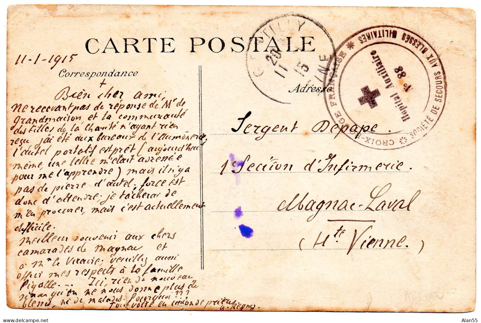 1915.  "HOPITAL AUXILIAIRE N°88.CROIX-ROUGE FRANCAISE. S.S.B.M. GENTILLY (SEINE). - WW1 (I Guerra Mundial)