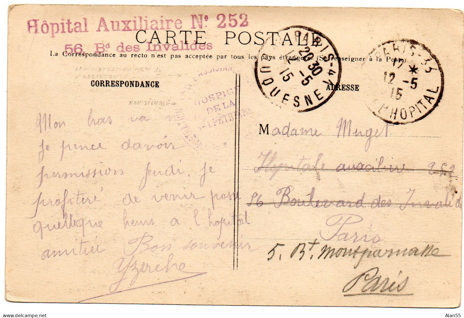 1915."HOPITAL  AUXILIAIRE N°252".A.D.F.".PARIS (SEINE) - Guerre Mondiale (Première)