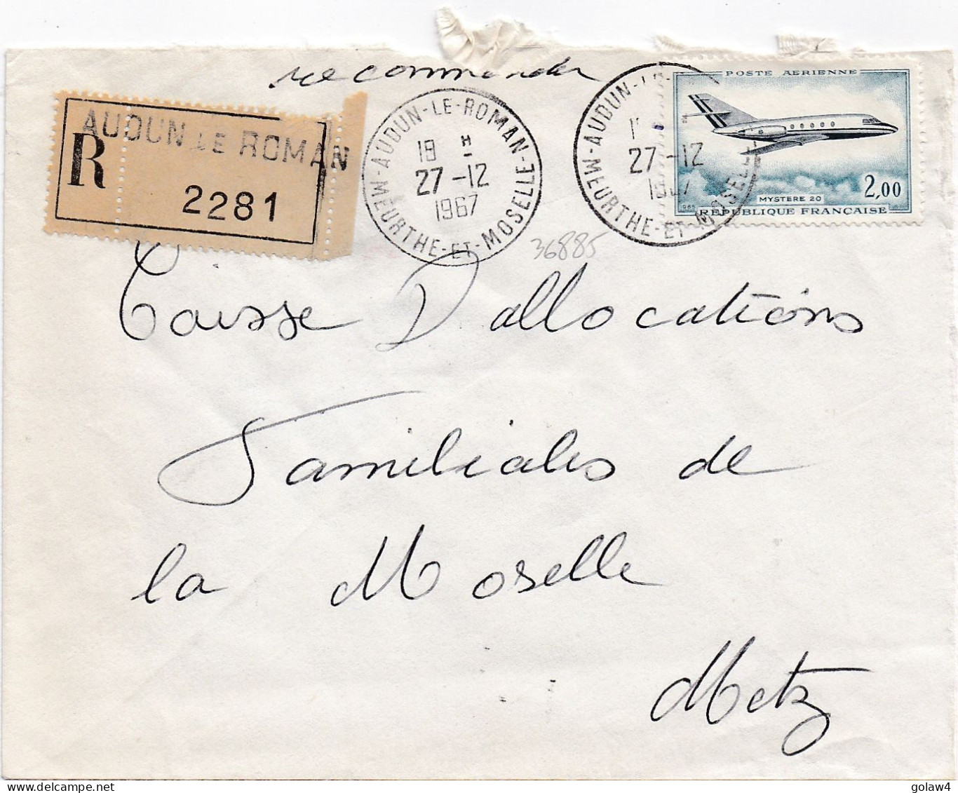 36885# LETTRE FRANCHISE POSTALE RECOMMANDE ANDERNY Obl AUDUN LE ROMAN MEURTHE ET MOSELLE 1967 METZ MOSELLE - 1961-....