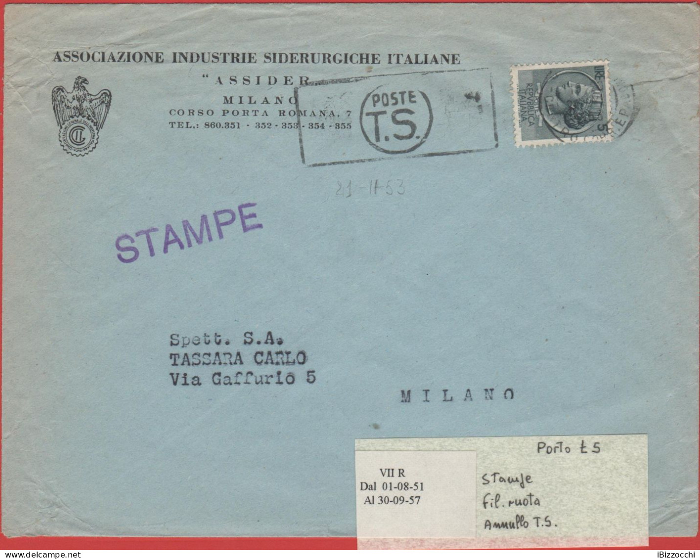 ITALIA - Storia Postale Repubblica - 19?? -  5 Antica Moneta Siracusana (isolato) - STAMPE  - Viaggiata Da Milano Per Mi - 1946-60: Marcophilie