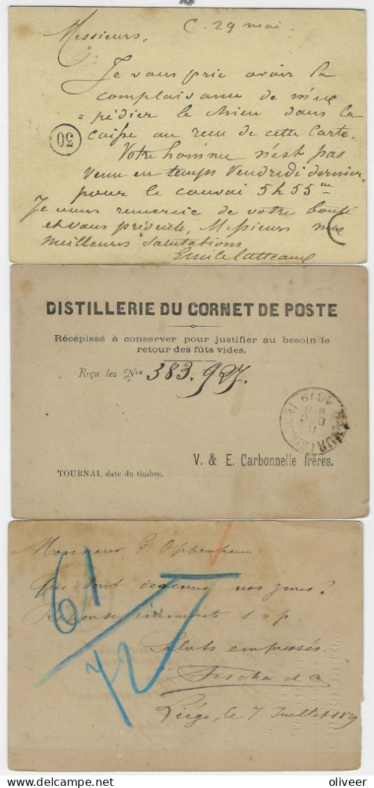 3 X CARTE-CORRESPONDANCE - Stempels COURTRAI - TOURNAI (Distillerie) - LIEGE - Postkarten 1871-1909