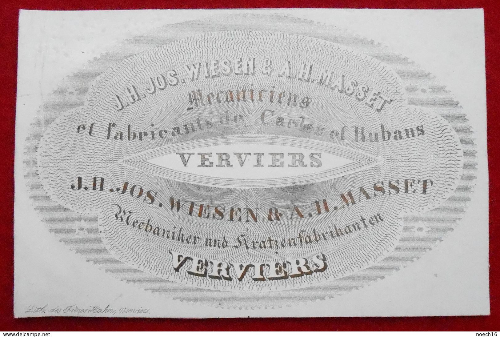 Carte Porcelaine Verviers Wiesen & Masset. Mécaniciens Et Fabricants De Cardes Et Rubans - Porcelana