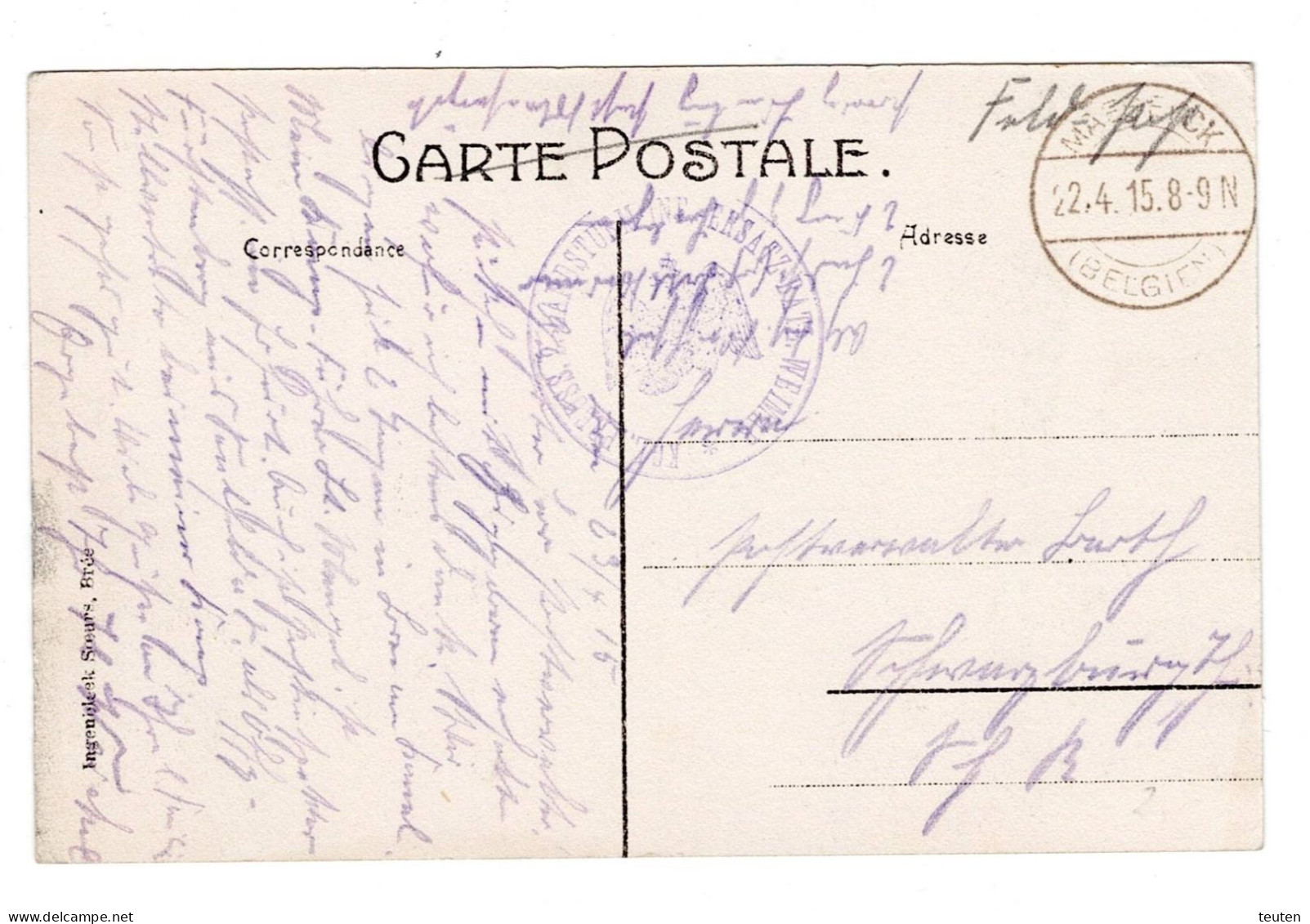 Zichtkaart Bree Kanaalkom Van Maeseyck 22/4/1915 Feldpost Pruisisch Leger 3 Scan - Armée Allemande