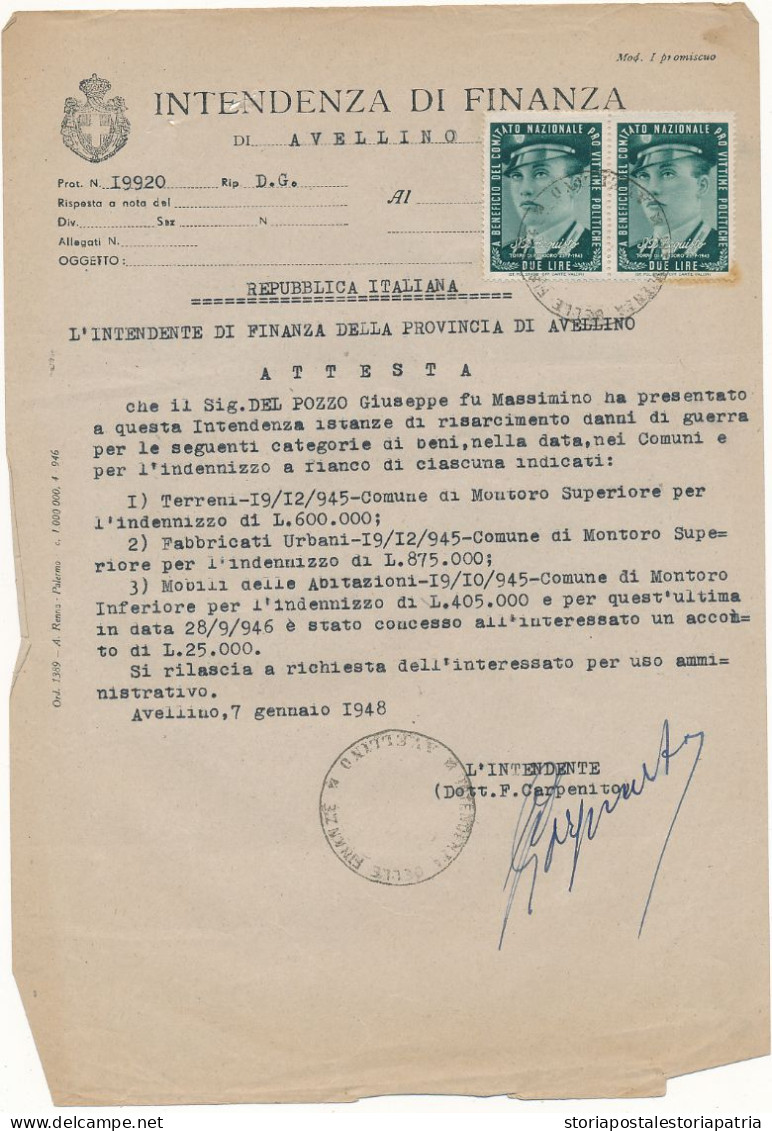 1946/48 PRO VITTIME POLITICHE LOTTO DI 9 SU 6 DOCUMENTI - Non Classificati