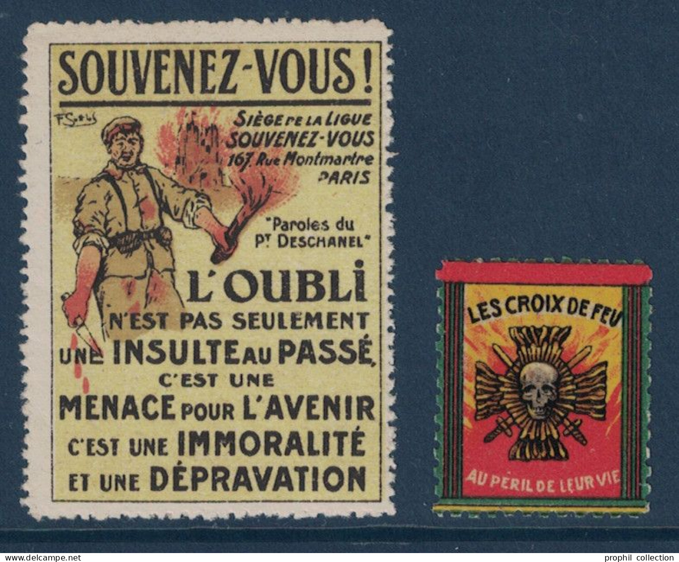 LOT De 2 VIGNETTES THÈME MILITAIRE " SOUVENEZ-VOUS / L'OUBLI ..." + LES CROIX DE FEU / AU PÉRIL DE LEUR VIE " - Vignette Militari