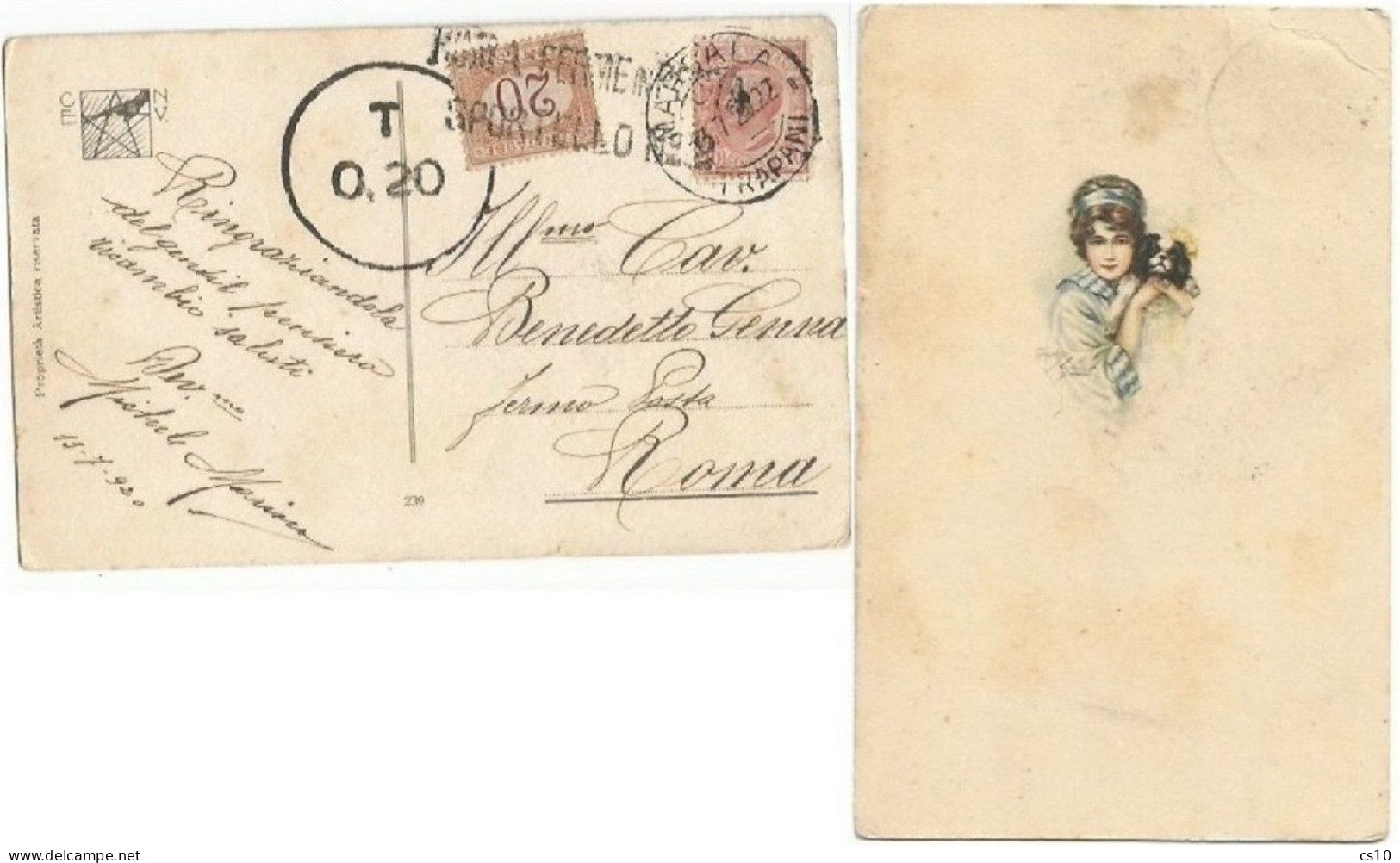 Cartolina "Donne Nell'Arte" Artistica Marsala 13lug1922 X Fermo Posta Roma Tassata C.20 - Impuestos