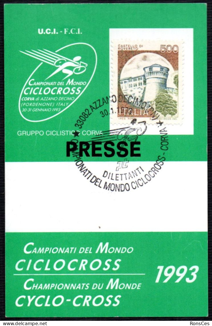 CYCLING - ITALIA AZZANO DECIMO (PN) 1993 - CAMPIONATI DEL MONDO CICLOCROSS DILETTANTI - CORVA - PASS UCI-FCI PRESS - A - Radsport