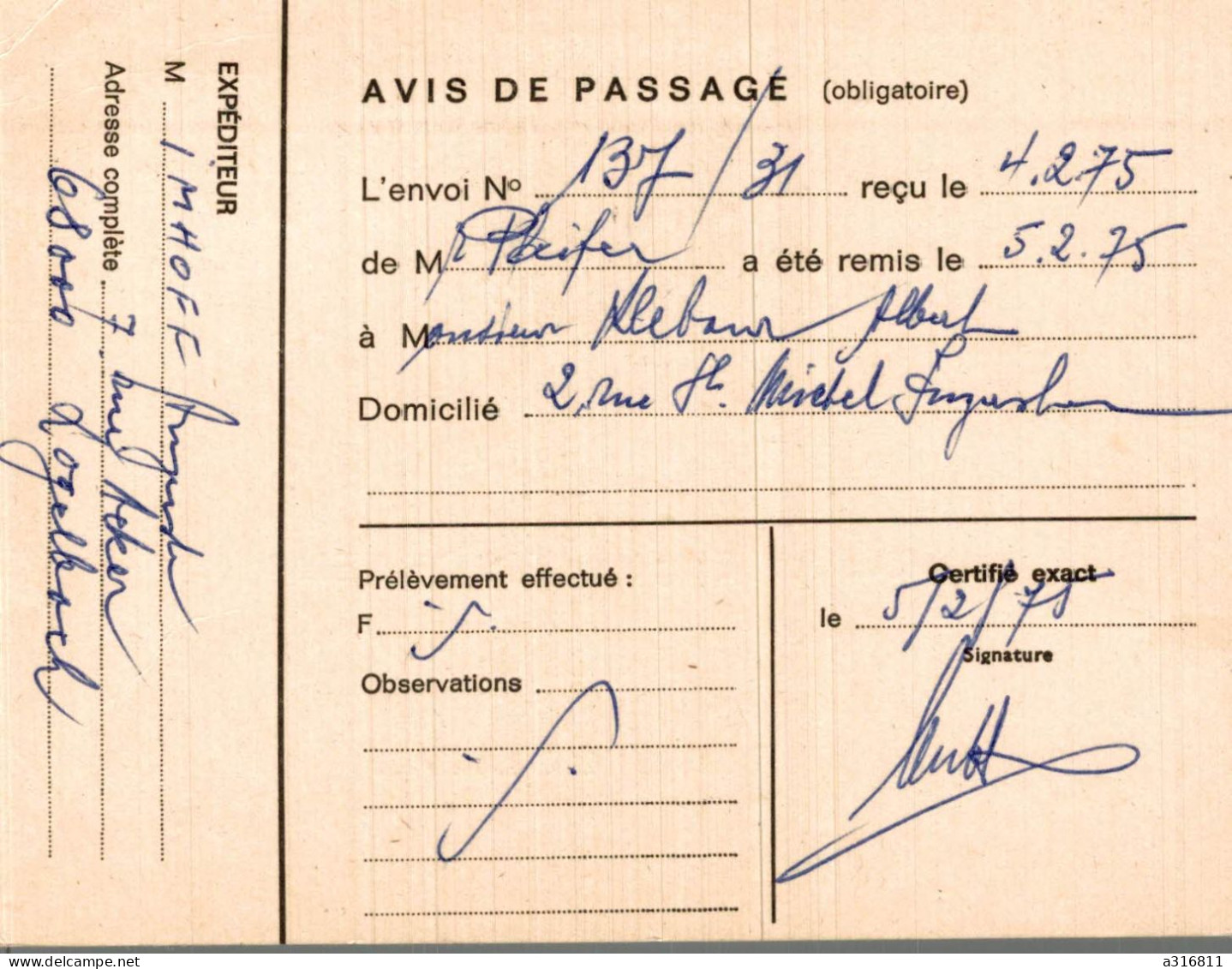 Avis De Passage 68000 Colmar - Cartes De Visite