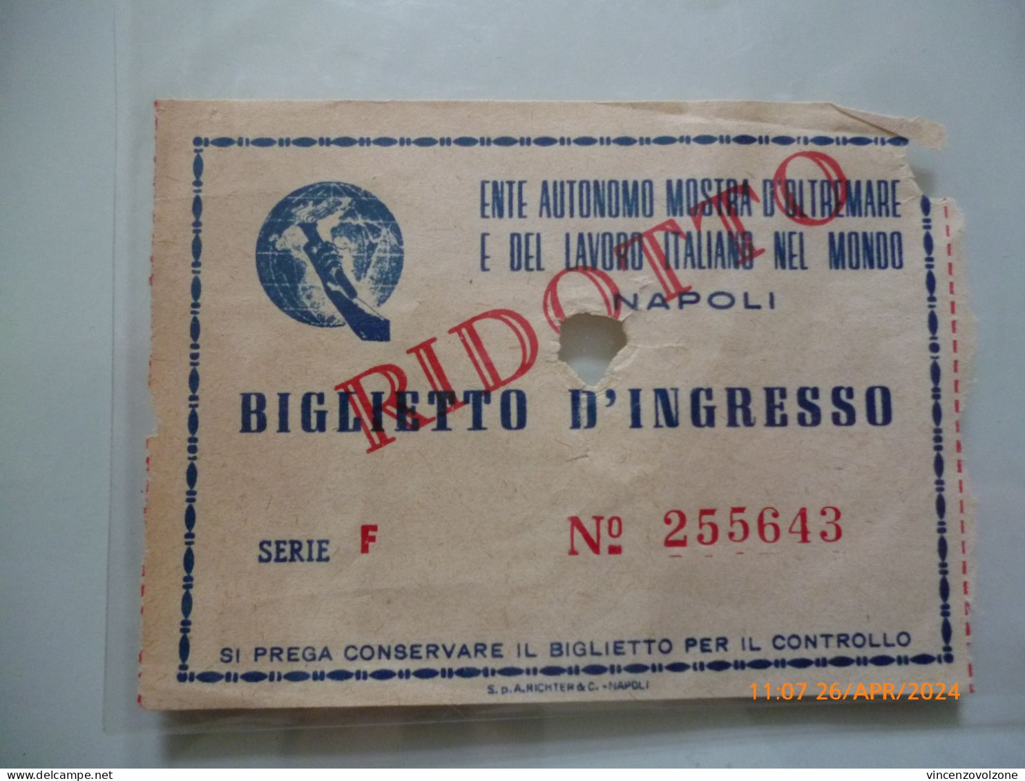 Biglietto "ENTE MOSTRA D'OLTREMARE E DEL LAVORO ITALIANO NEL MONDO - NAPOLI" - Tickets - Vouchers