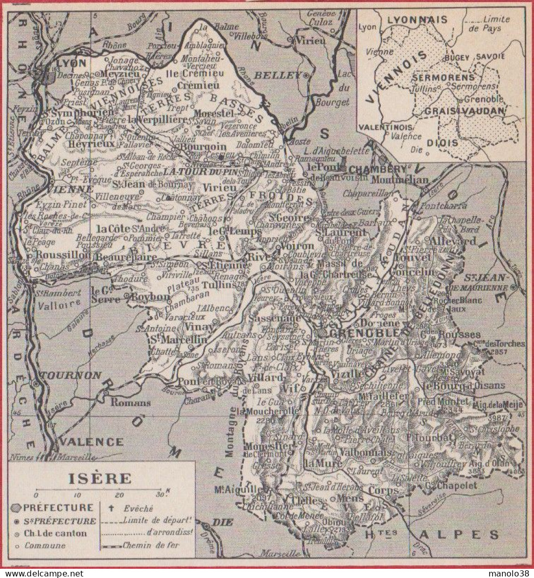 Carte Du Département De L'Isère (38). Préfecture, Sous Préfecture, Chef Lieu De Canton ... Chemin De Fer. Larousse 1948. - Documenti Storici