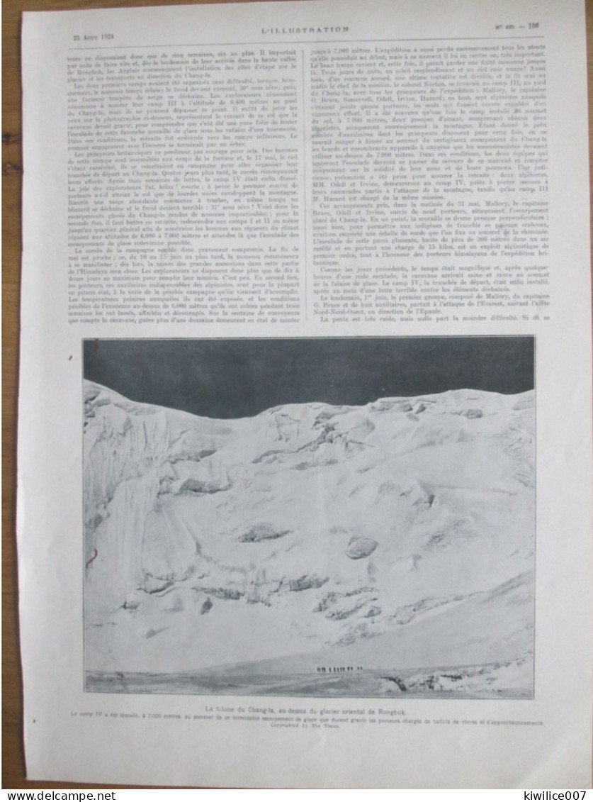 1924   ALPINISME Ascension EVEREST   ECHEC DE L A 3ème Expédition  Falaise Chang La Glacier  RONGBUK POSITION DES CAMPS - Non Classificati