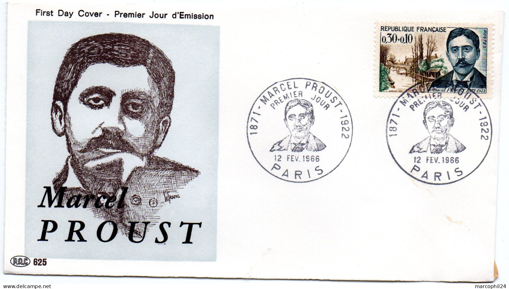 ECRIVAIN / Marcel PROUST = 75 PARIS 1966 = CACHET Illustré PREMIER JOUR N° 1472 = 1871 - 1922 Sur ENVELOPPE PAC N° 625 - Scrittori