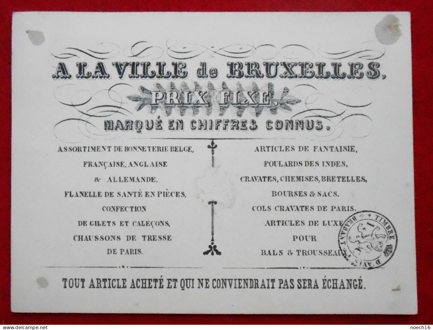 Carte Publicité A La Ville De Bruxelles. Parent Et Roquencourt. Bonneterie Et Ganterie  Au Verso Timbre D'Avis, Brabant - Pubblicitari