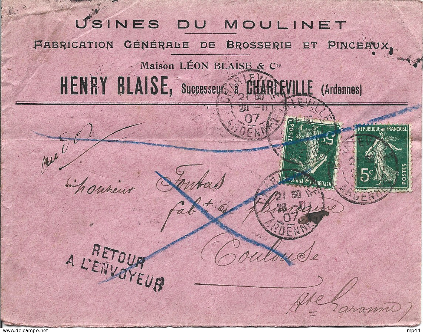1A ---08 CHARLEVILLE H.Blaise,fabrication Brosserie Et Pinceaux -Toulouse Retour à L'envoyeur Nom Commun à Plusieurs P - 1877-1920: Semi-Moderne