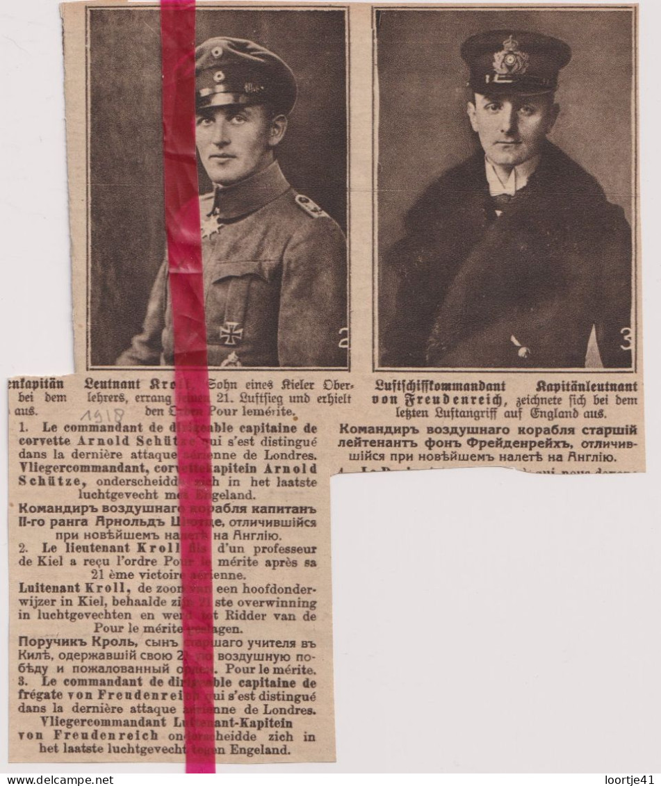 Oorlog Guerre 14/18 - Piloten Aviateurs Lt. Kroll & Von Freudenberg - Orig. Knipsel Coupure Tijdschrift Magazine - 1918 - Non Classés