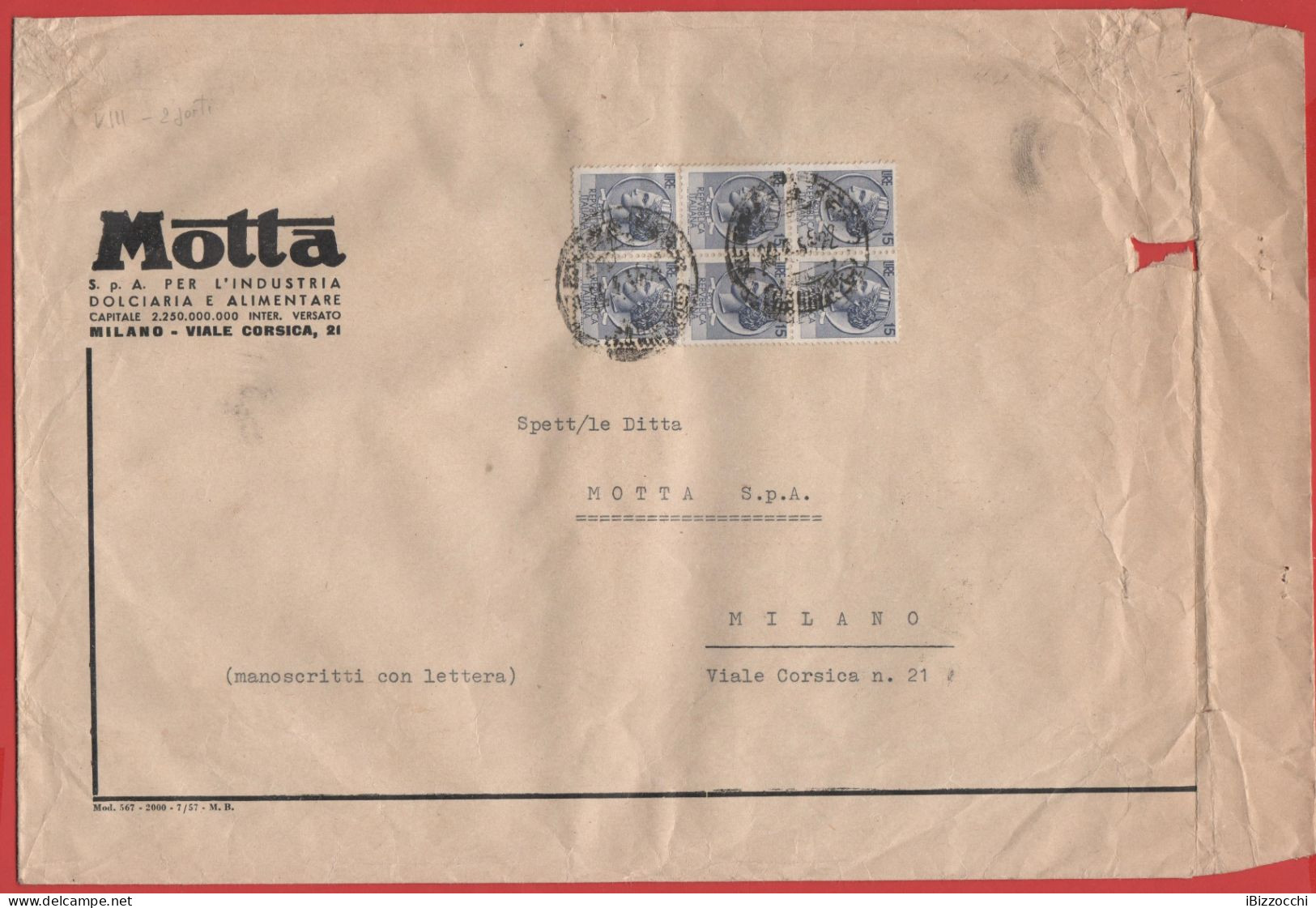 ITALIA - Storia Postale Repubblica - 1957 -  6x 15 Antica Moneta Siracusana - Busta Di Grande Formato - Motta  - Viaggia - 1946-60: Marcofilia